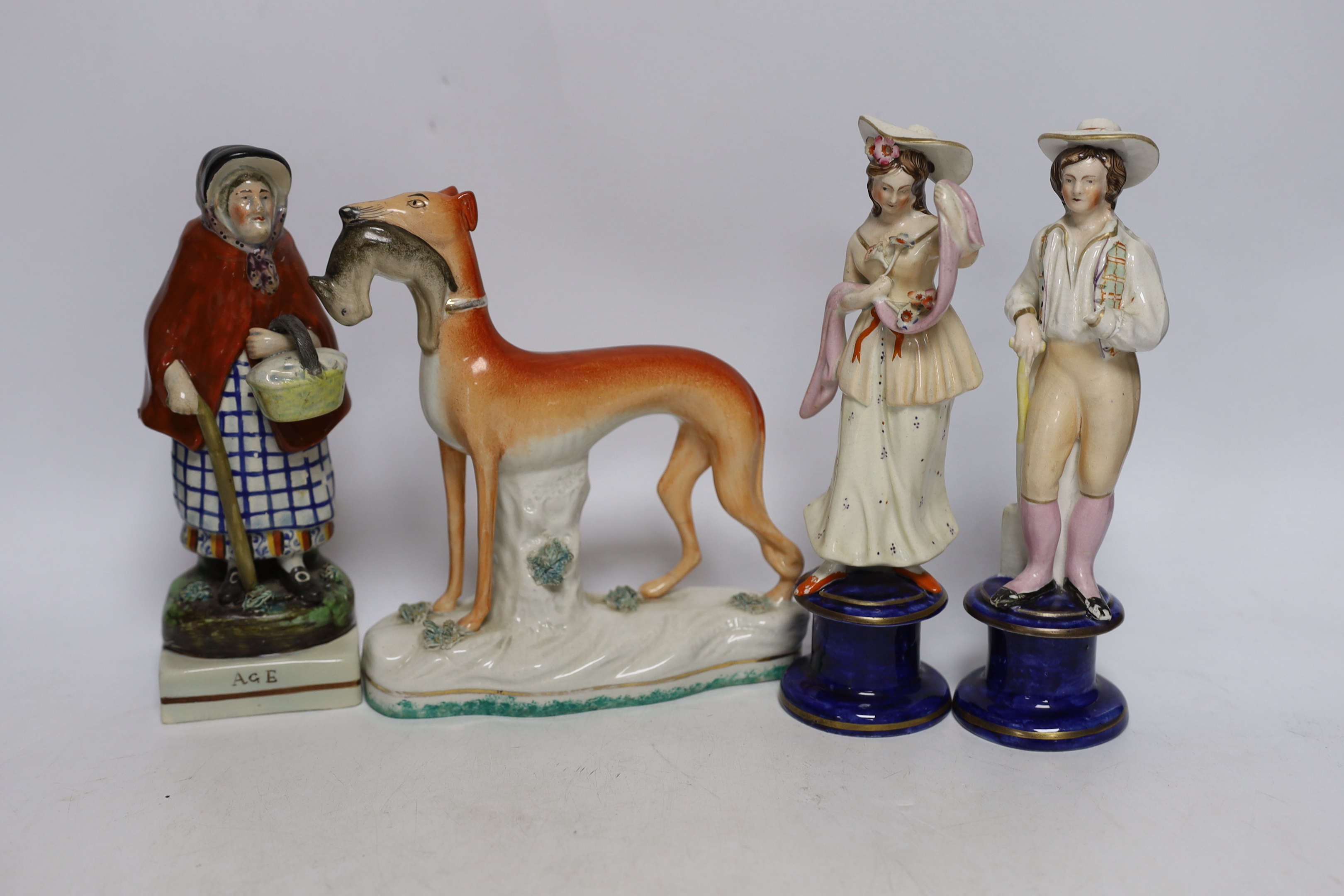 Seven mid 19th century Staffordshire pottery figures, tallest 22cm